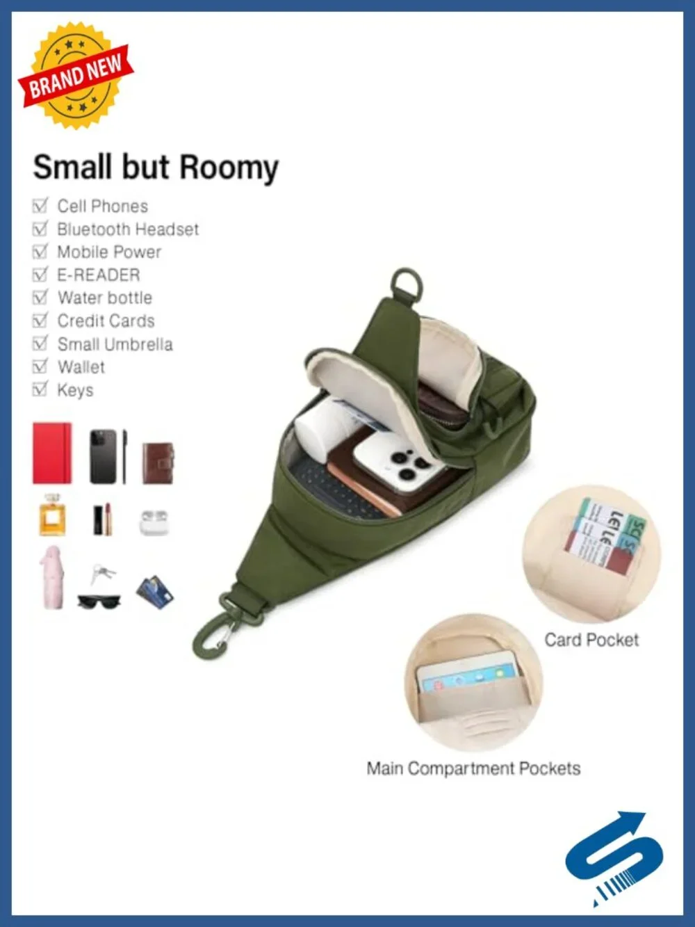 Large Crossbody Sling Bag with 5 Pockets, Water Resistant, Adjustable Strap
